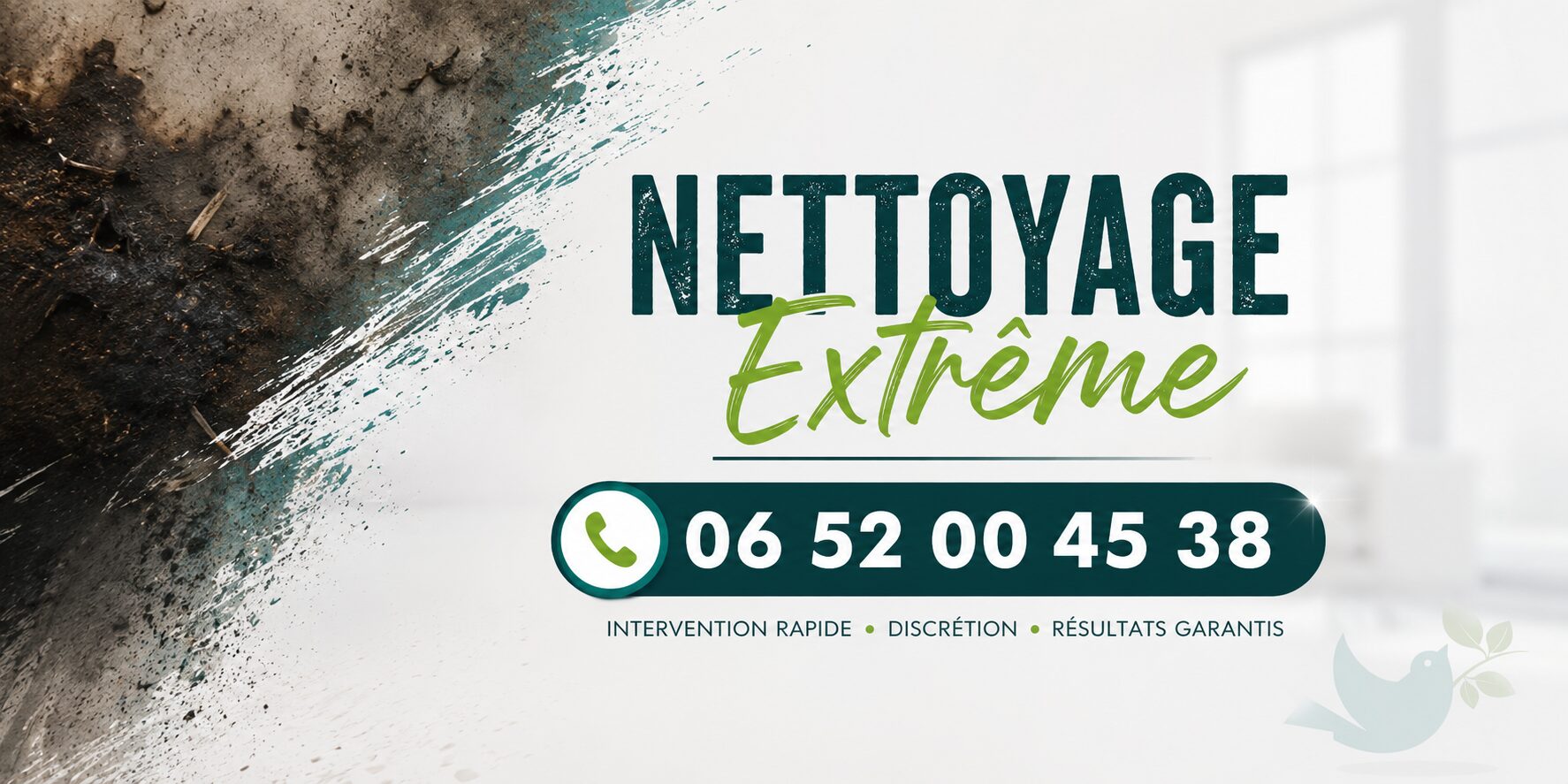 Visuel publicitaire de nettoyage extrême à Tergnier avec numéro de contact, intervention pour logements insalubres, syndrome de Diogène et situations complexes.