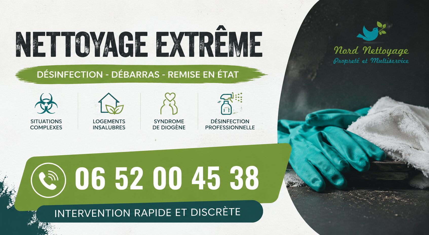 Nettoyage extrême professionnel avec intervention rapide, désinfection, débarras et remise en état de logements insalubres.