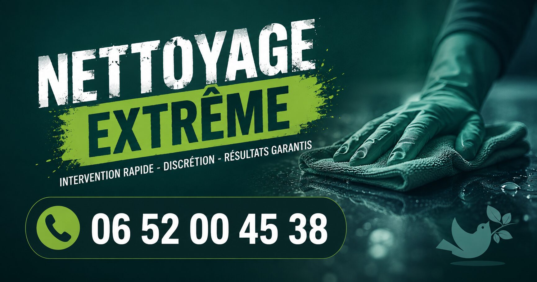 Visuel publicitaire de nettoyage extrême à Saint-Mammès avec numéro de téléphone 06 52 00 45 38, intervention rapide, désinfection et remise en état de logements insalubres.