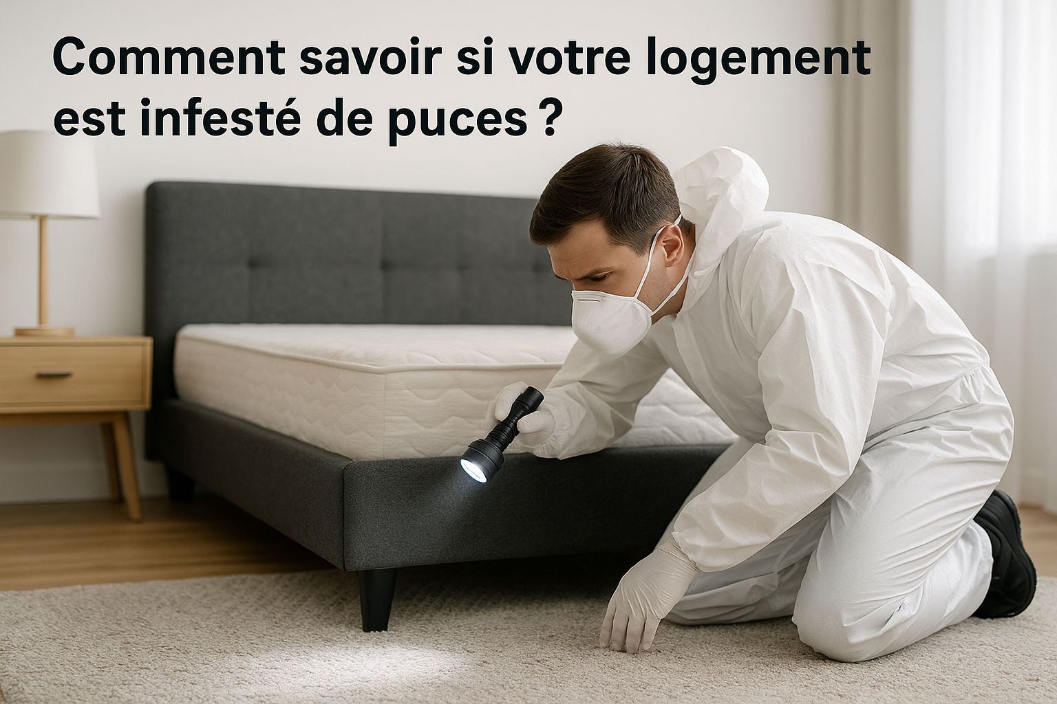 Un technicien équipé d'une combinaison, de gants et d'un masque de protection inspecte à la lampe torche la base d'un lit et un tapis dans une chambre moderne, à la recherche d’indices d’une infestation de puces.