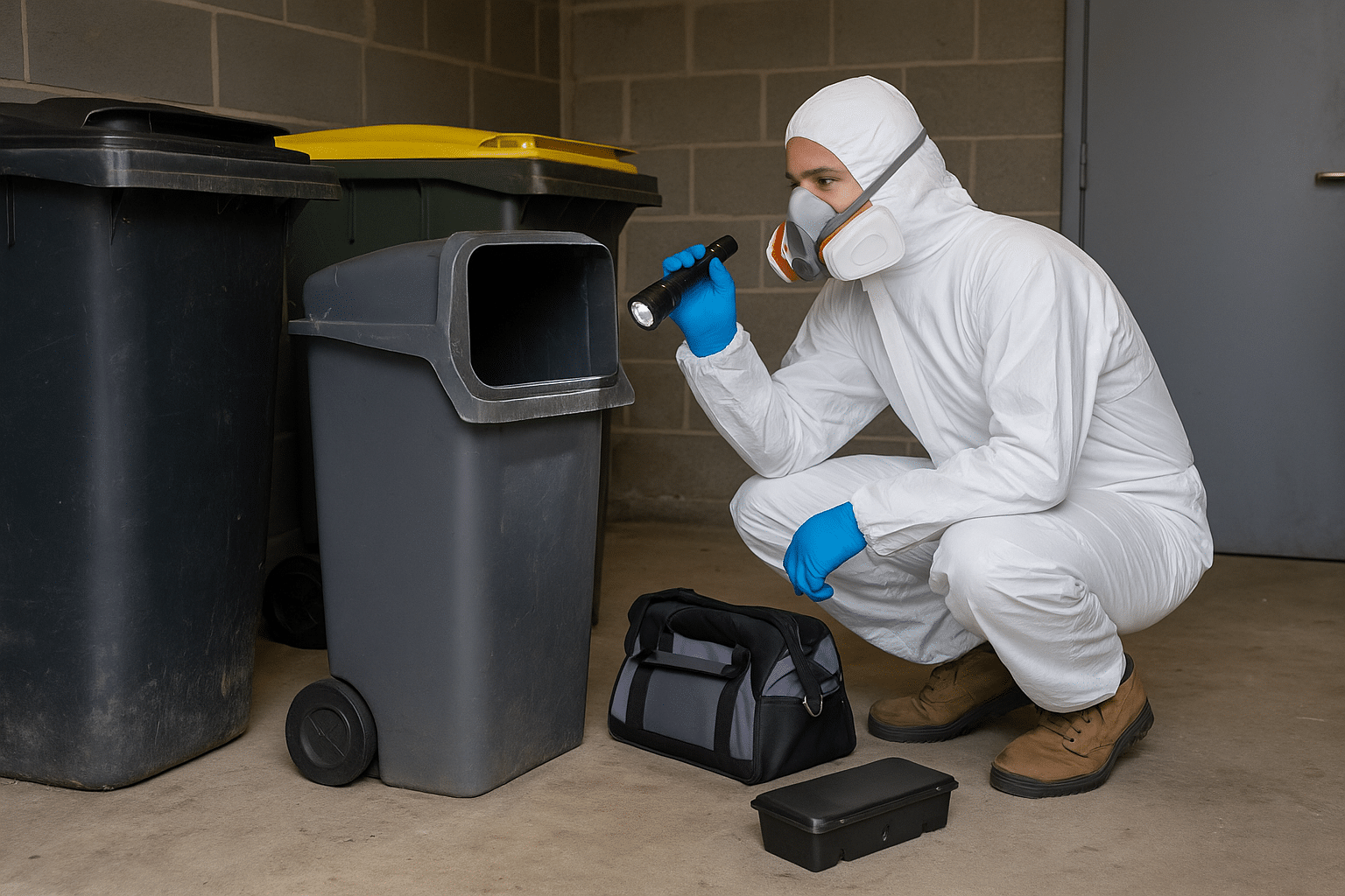 Un technicien en combinaison de protection blanche et masque de filtration inspecte l’intérieur d’une poubelle dans un local commun d’immeuble, à l'aide d'une lampe torche. Près de lui, du matériel de dératisation est posé au sol, comprenant une station d’appâtage et une mallette d'intervention.