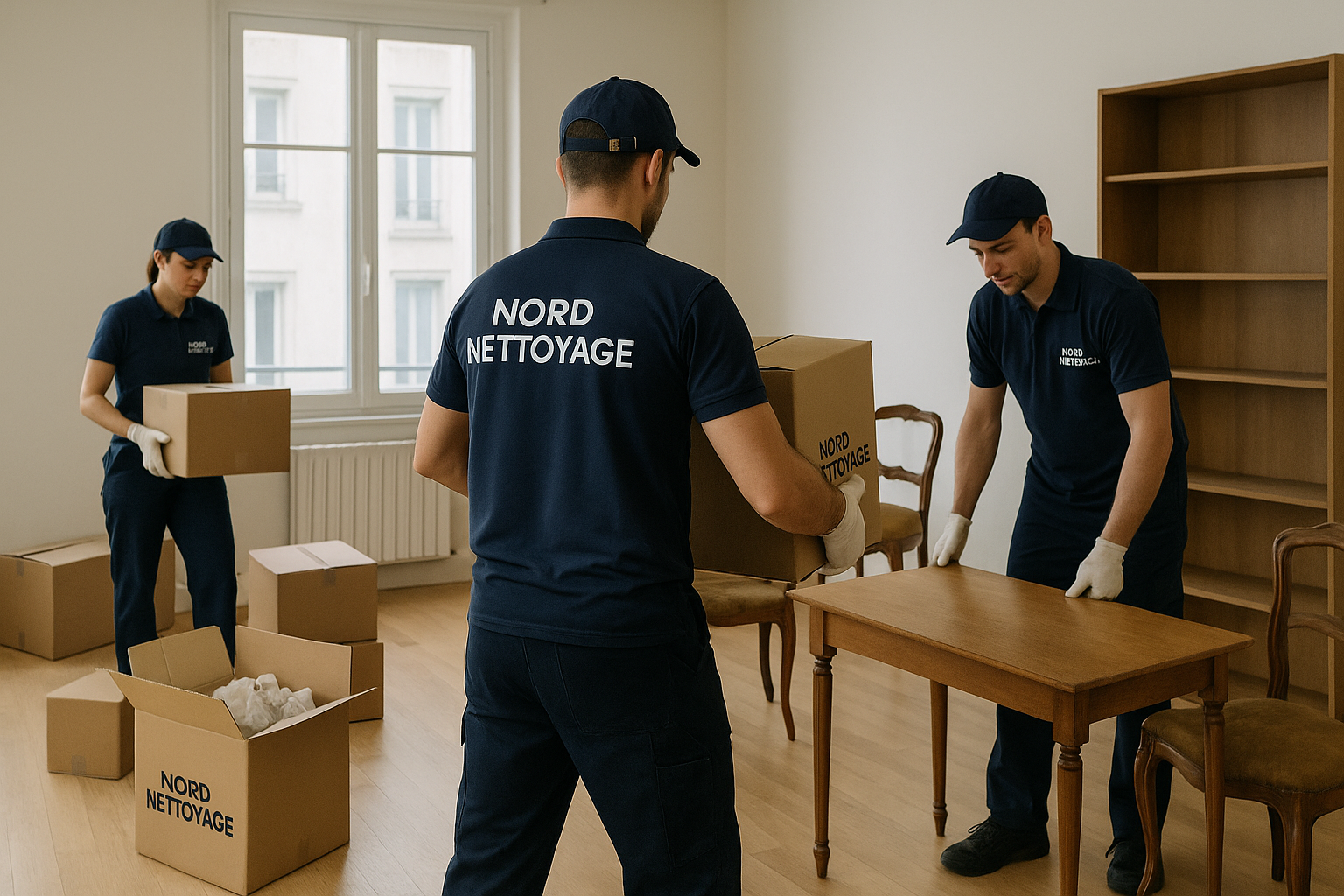 Trois agents en tenue professionnelle bleu marine de NORD NETTOYAGE trient et transportent des cartons et un meuble en bois dans un appartement vide et lumineux. L’un soulève un carton, un autre transporte une table, tandis qu'une agente trie des affaires dans le fond de la pièce.