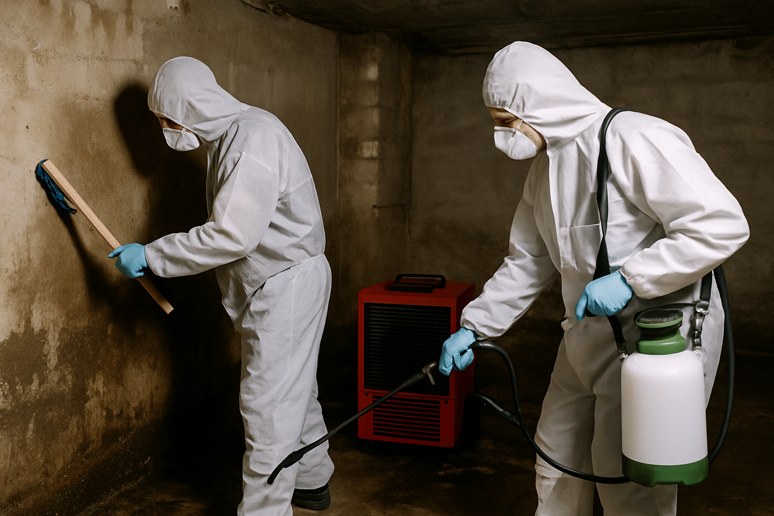 Deux travailleurs en combinaison de protection et gants nettoient une cave insalubre et humide, utilisant des déshumidificateurs et des produits désinfectants pour traiter l'environnement.