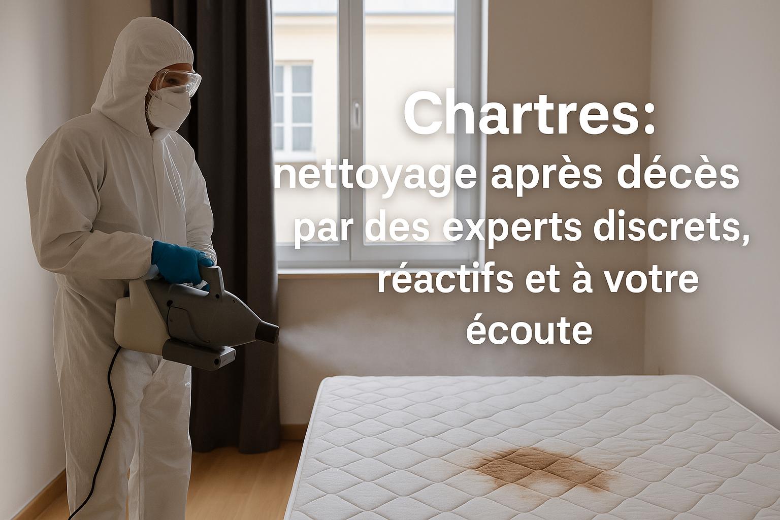 Technicien désinfectant un logement à Chartres après un décès, avec matelas taché visible et titre de l’article intégré au centre de l’image