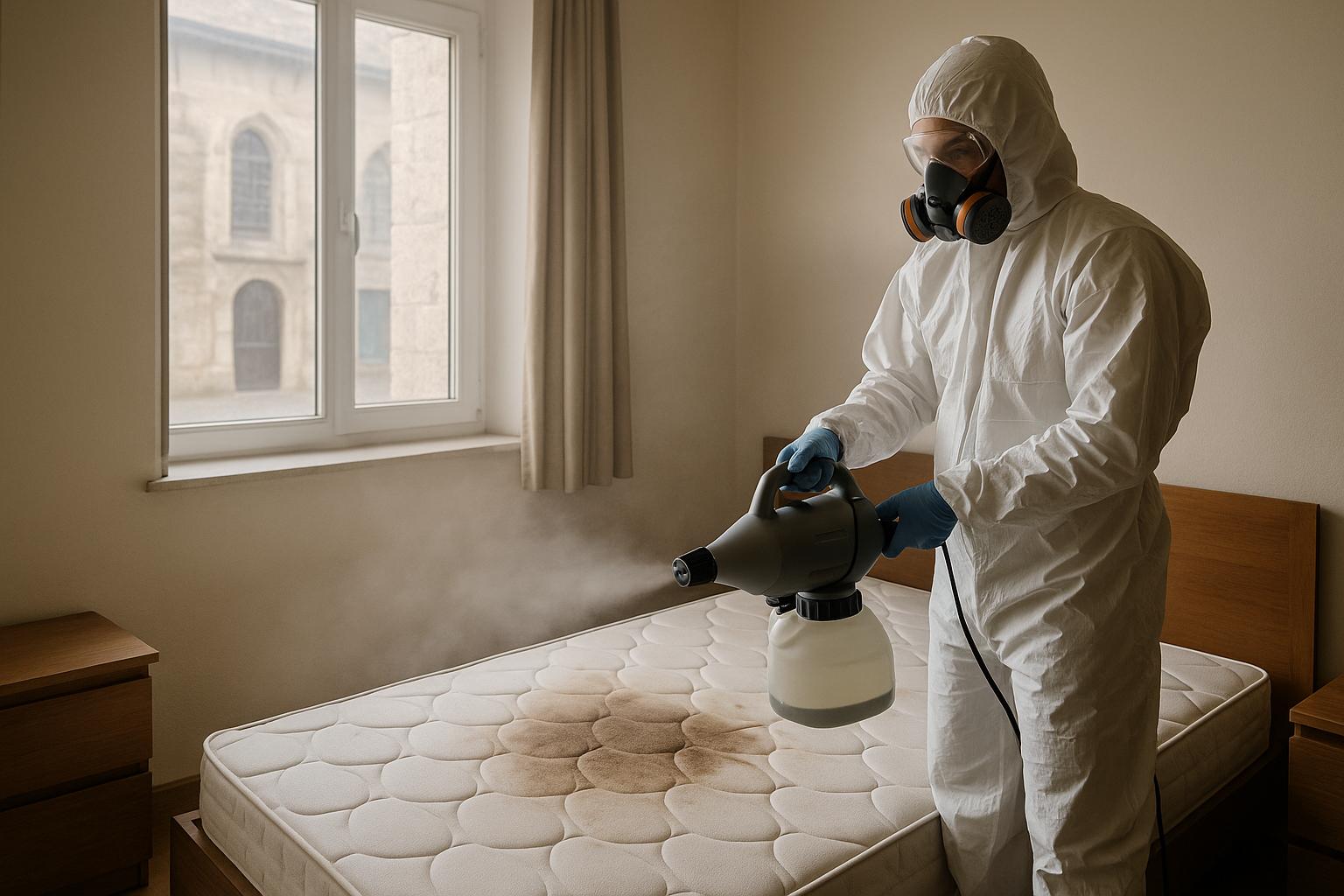 Technicien en combinaison désinfectant une chambre à Colmar après un décès, avec un matelas taché au centre de la pièce