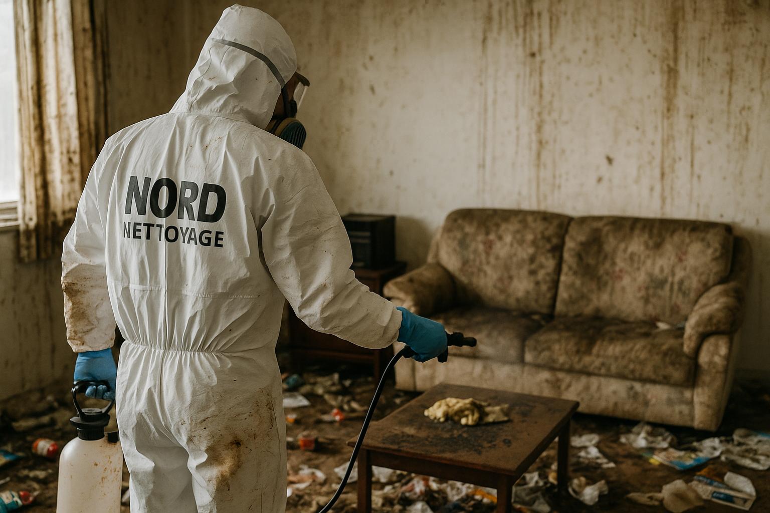 Technicien NORD NETTOYAGE désinfectant un logement insalubre à Bergerac après un décès