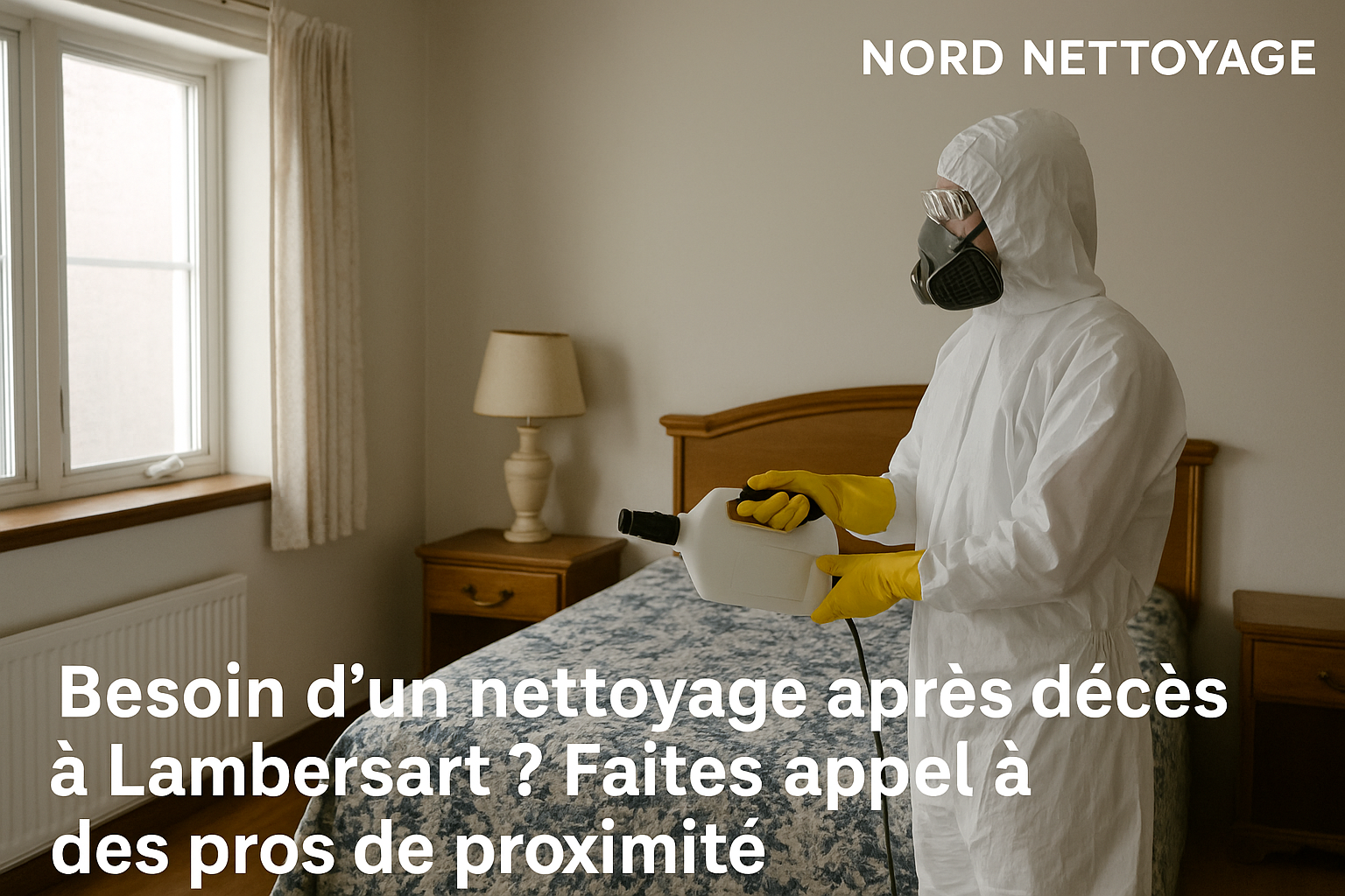 Agent de désinfection en combinaison intégrale intervenant après un décès dans une maison à Lambersart.
