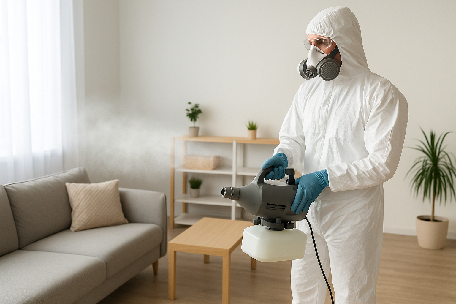 Technicien de désinfection en combinaison intégrale intervenant après un décès dans un logement à Saint-Étienne-du-Rouvray.