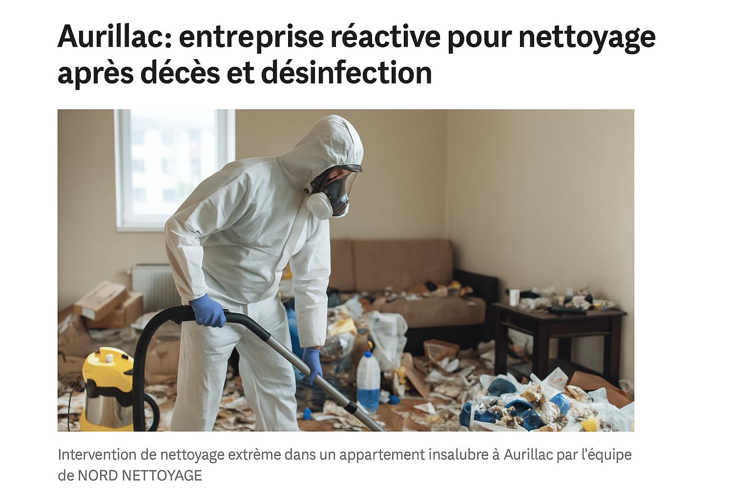 Technicien NORD NETTOYAGE désinfectant un logement après un décès à Aurillac dans un contexte d'insalubrité sévère