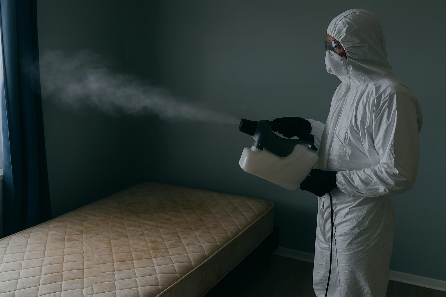 Désinfection post-mortem à Bezons réalisée par NORD NETTOYAGE, avec technicien en combinaison traitant un logement après décès