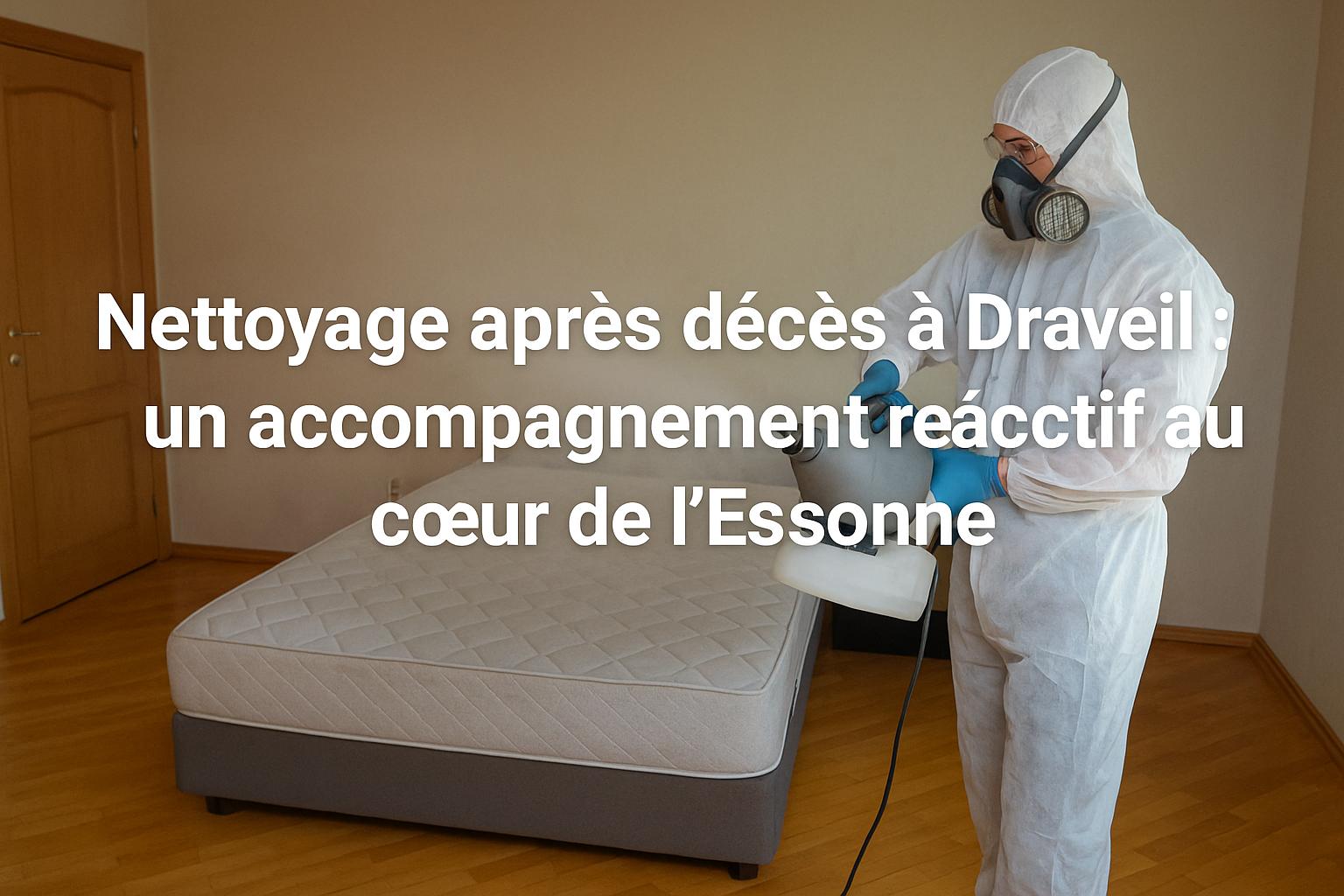 Technicien effectuant une désinfection après décès à Draveil avec traitement par nébulisation dans une chambre touchée