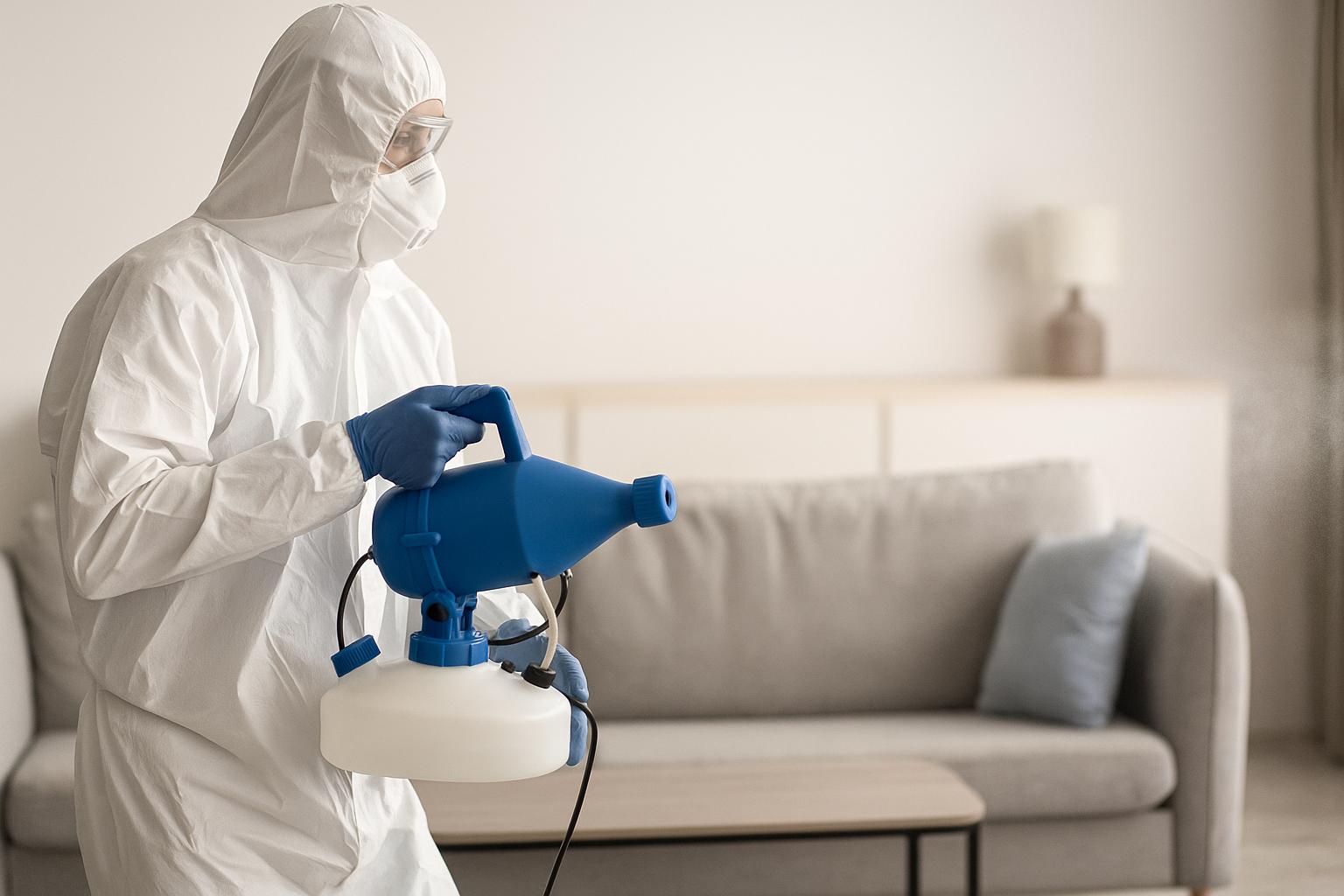 Technicien NORD NETTOYAGE en combinaison intégrale utilisant un nébuliseur dans un logement au Plessis-Robinson après un décès