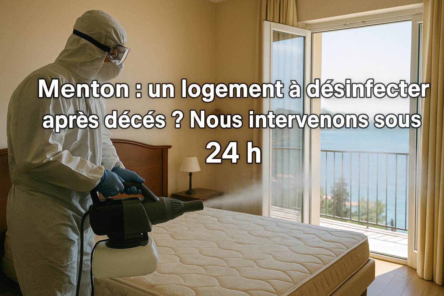 Technicien réalisant une désinfection post mortem dans un appartement à Menton après un décès, traitement par nébulisation en cours
