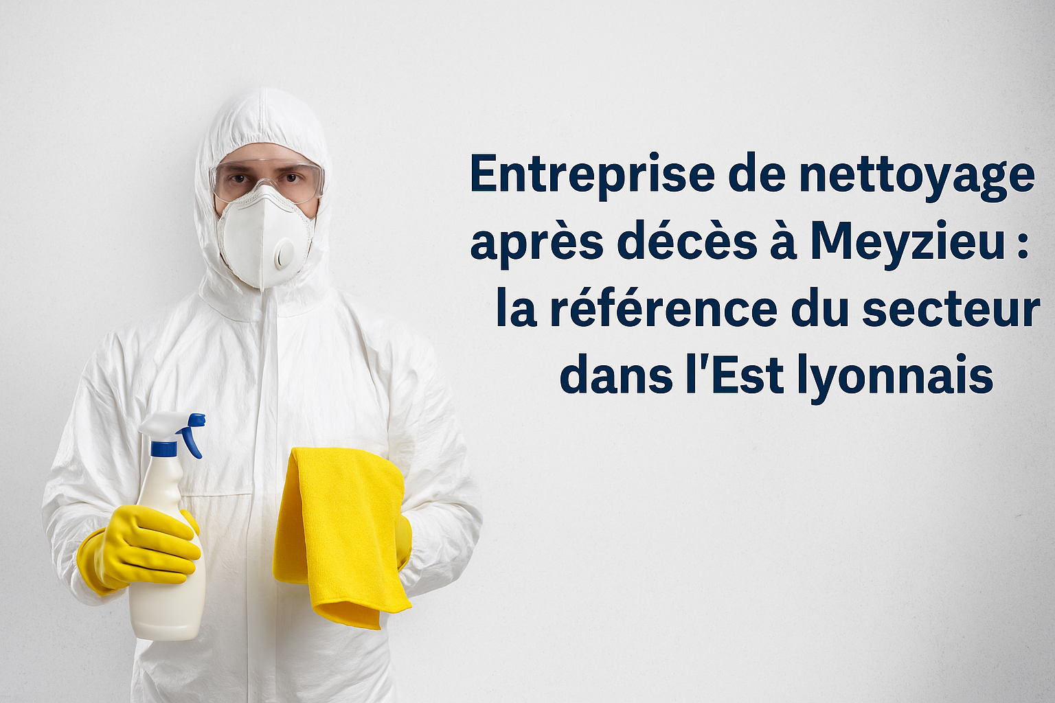 Agent de nettoyage après décès en combinaison de protection, tenant un pulvérisateur désinfectant dans un environnement sécurisé.