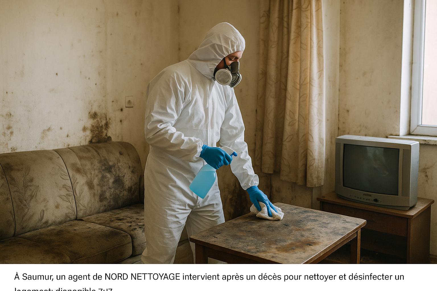 Agent de NORD NETTOYAGE désinfectant une pièce insalubre à Saumur après un décès