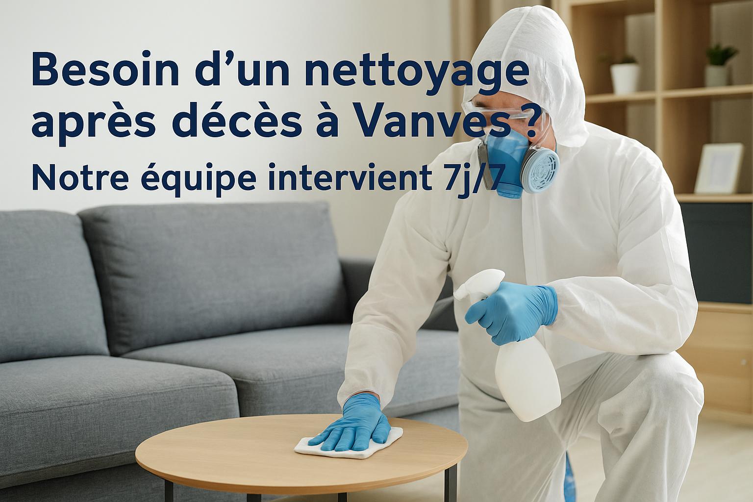 Technicien NORD NETTOYAGE en combinaison blanche désinfectant un salon à Vanves après un décès