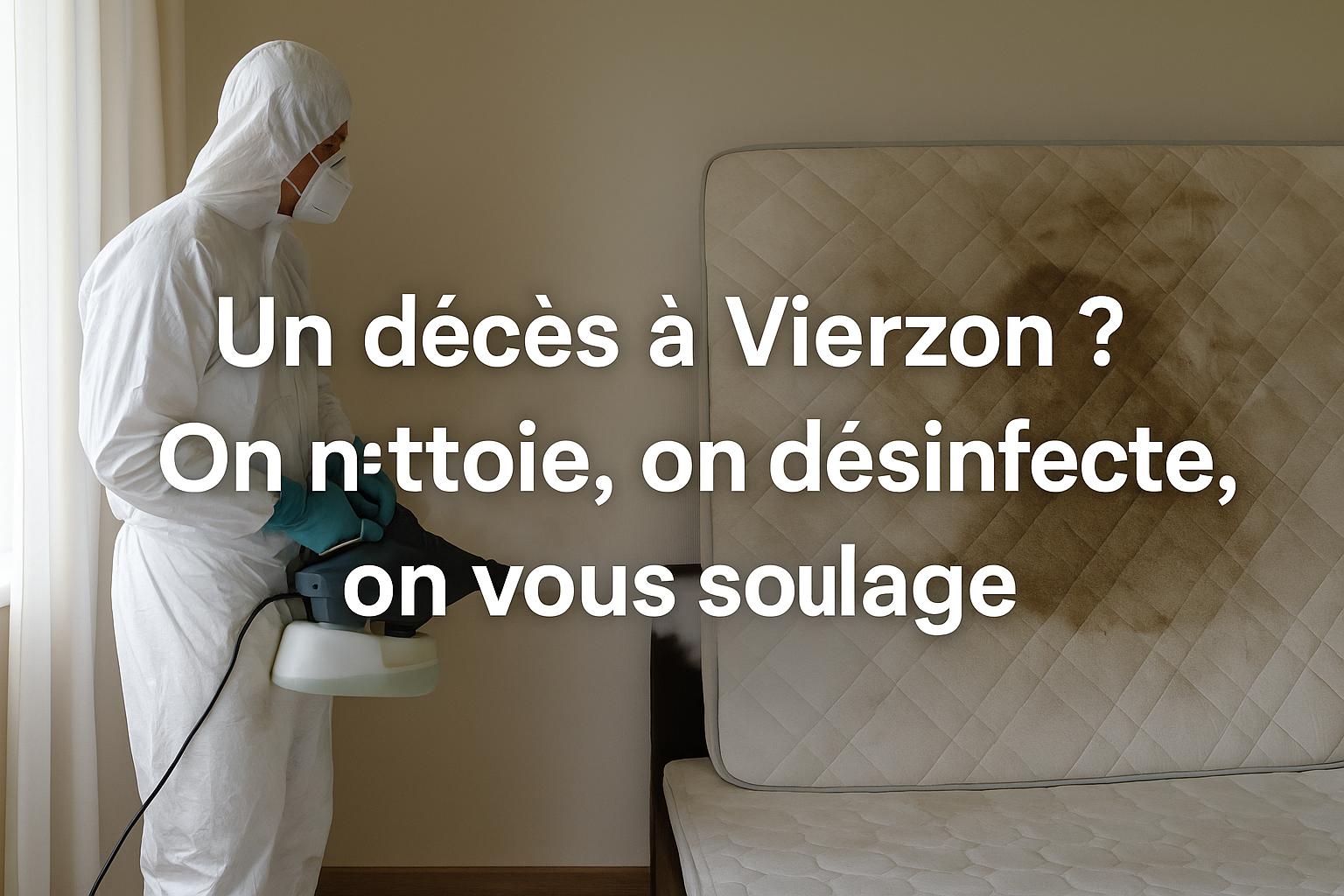 Technicien désinfectant une chambre à Vierzon après un décès, avec matelas taché visible – intervention de NORD NETTOYAGE