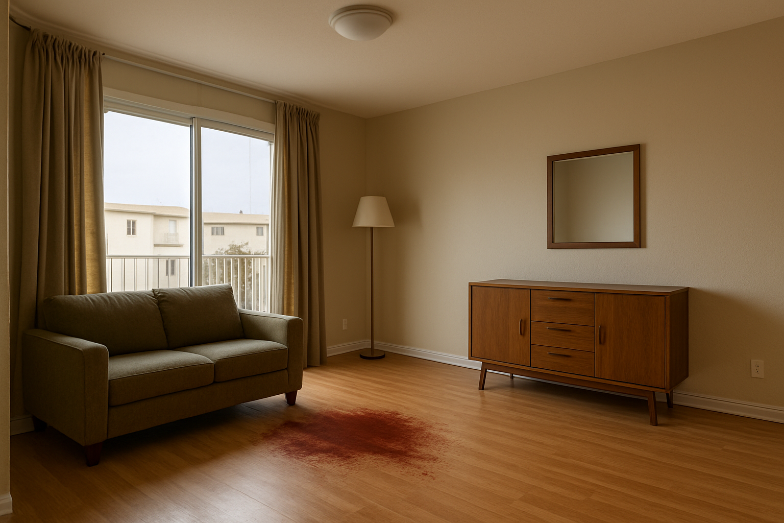 Salon vide à Vitrolles avec une grande trace sombre sur le sol, dans un logement marqué par un décès.