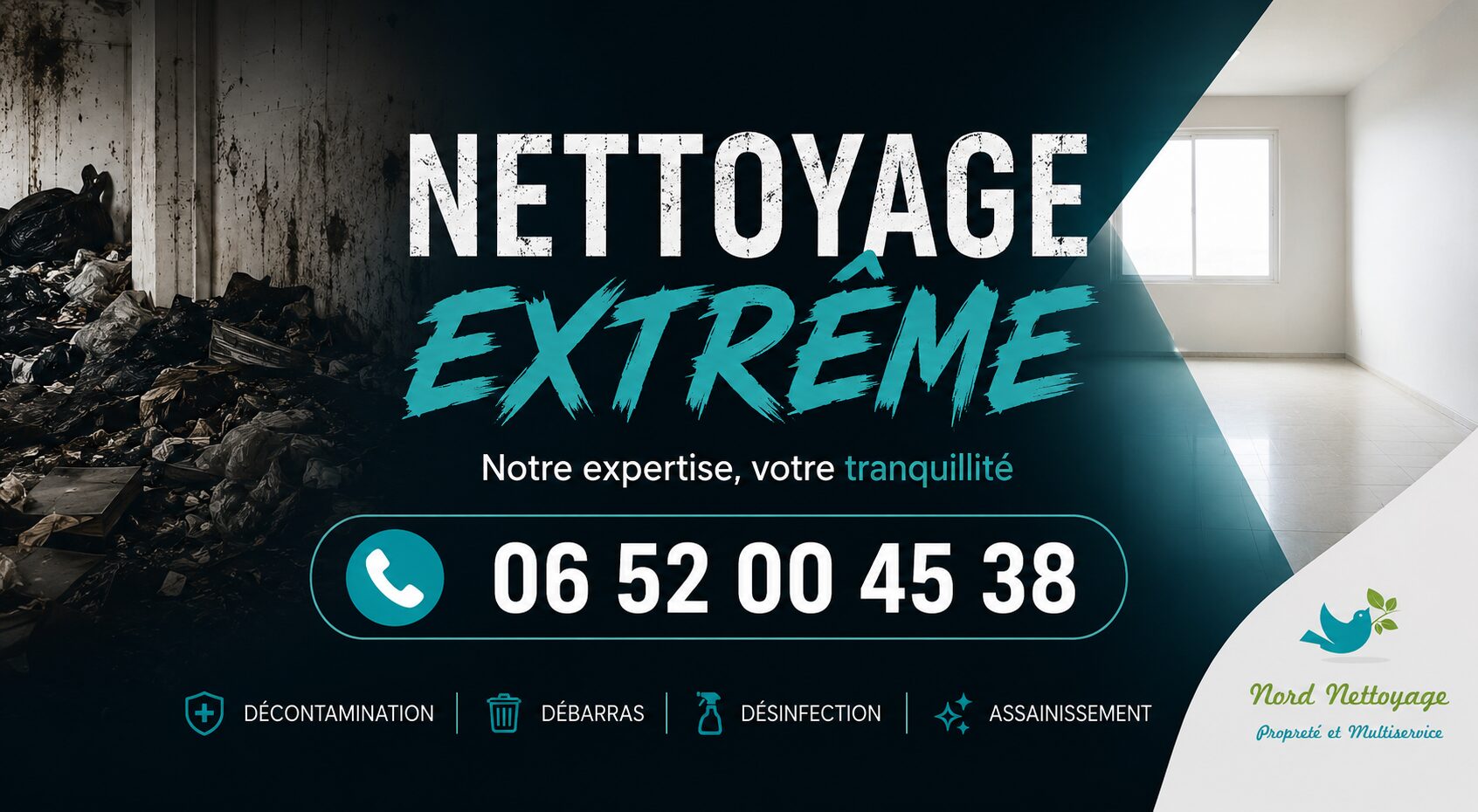 Bannière de nettoyage extrême à Amancy avec transformation d’un logement insalubre en espace propre et sain, contact 06 52 00 45 38.