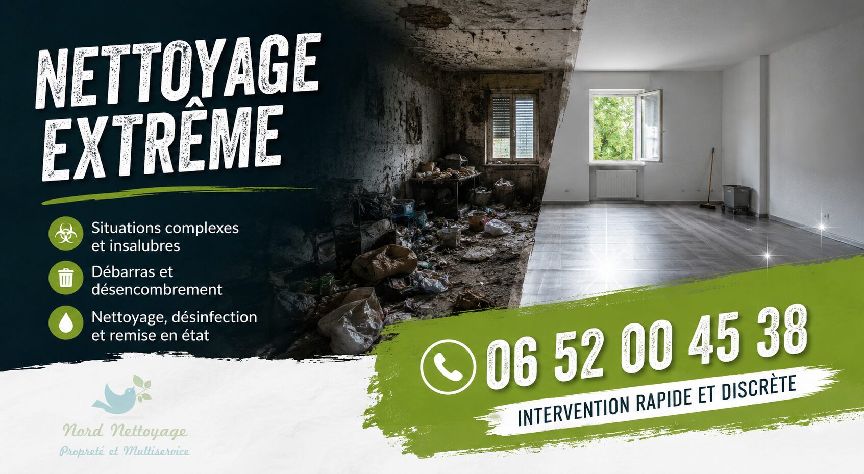 Nettoyage extrême à Archamps : désinfection, débarras et remise en état de logements insalubres par Nord Nettoyage.
