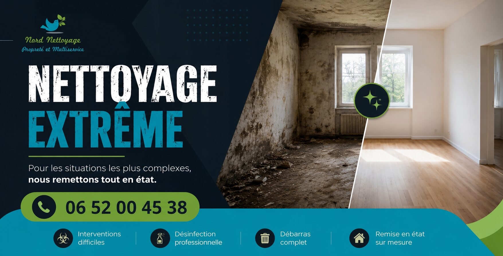 Nettoyage extrême à Attignat par Nord Nettoyage, intervention rapide pour logements insalubres, désinfection et remise en état.