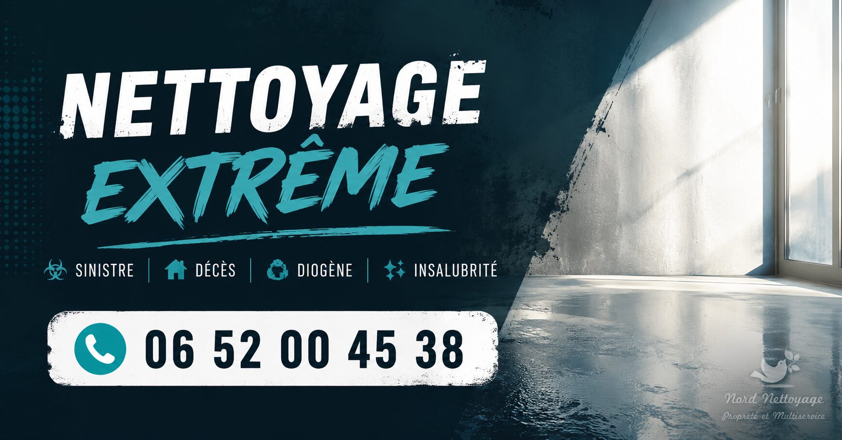 Nettoyage extrême à Aulnat par Nord Nettoyage avec intervention rapide après sinistre, décès, syndrome de Diogène et insalubrité.