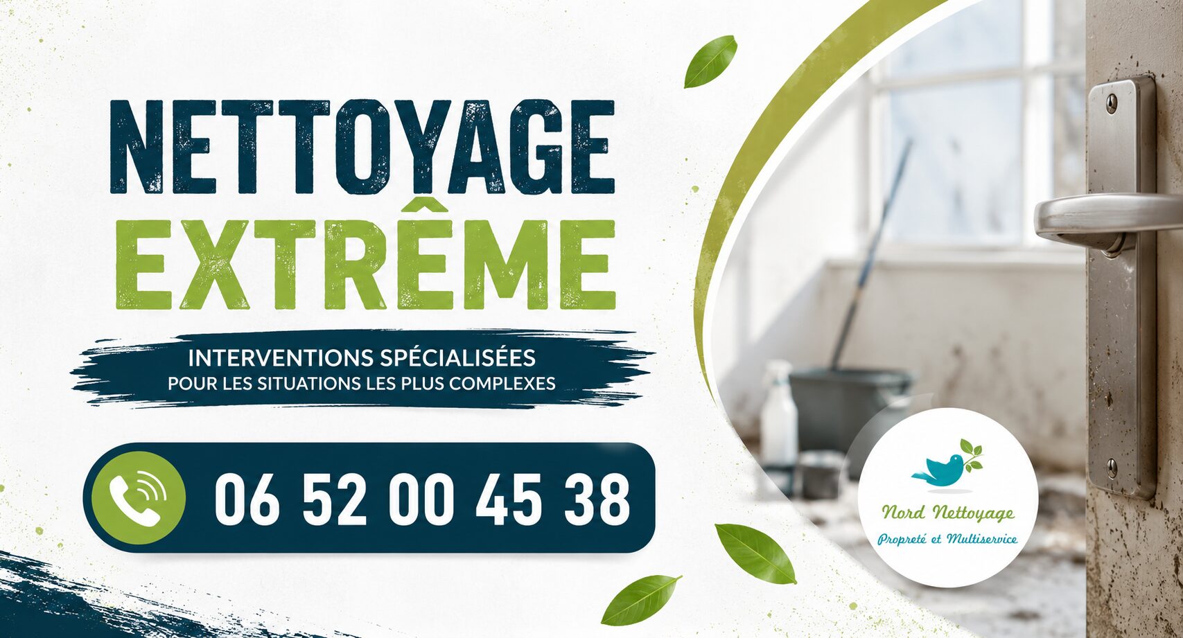 Visuel de nettoyage extrême à Aydat avec numéro de contact, intervention spécialisée pour logements insalubres, syndrome de Diogène, débarras et désinfection.