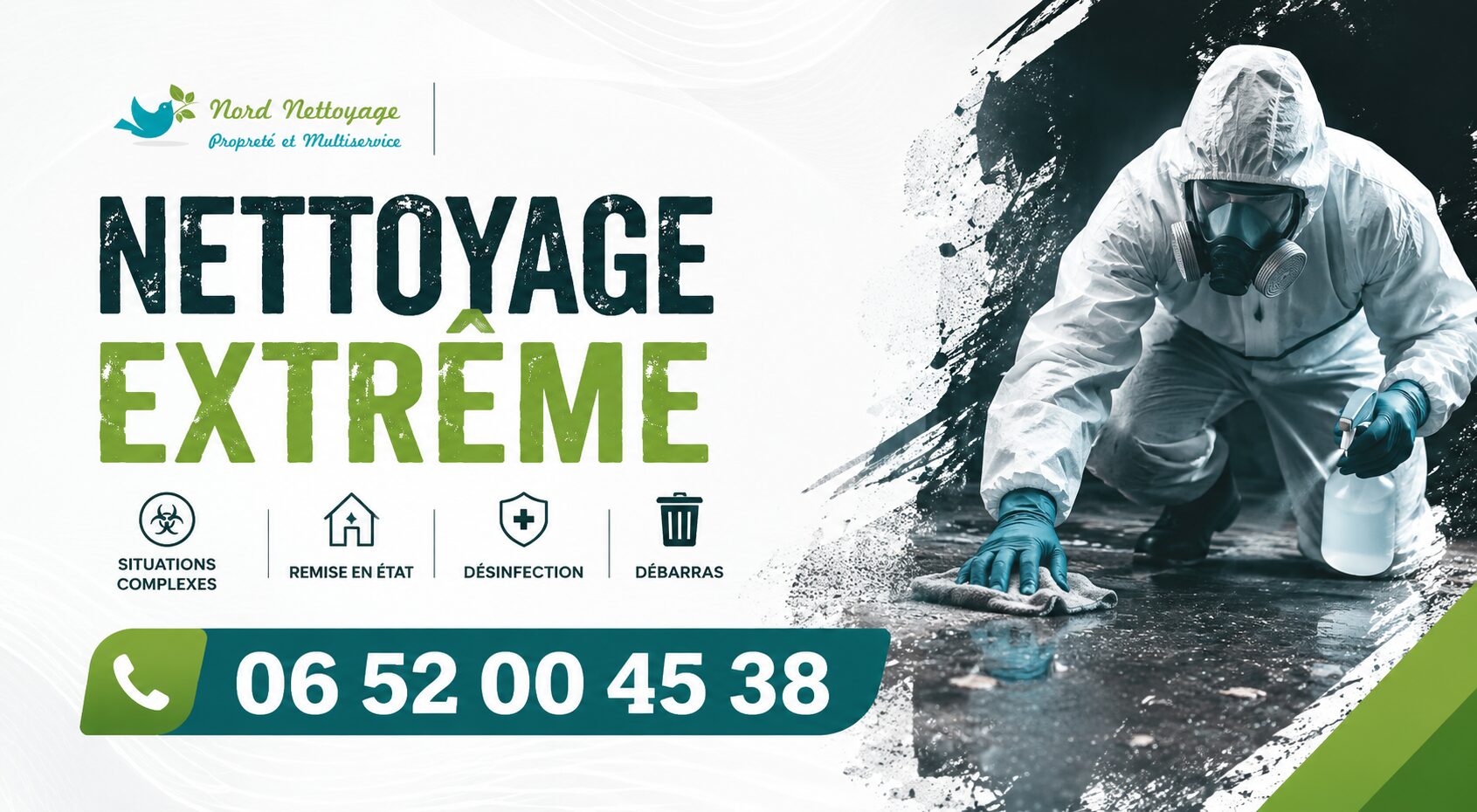 Visuel publicitaire de nettoyage extrême à Biviers avec numéro de téléphone 06 52 00 45 38 et services de désinfection, débarras et remise en état.