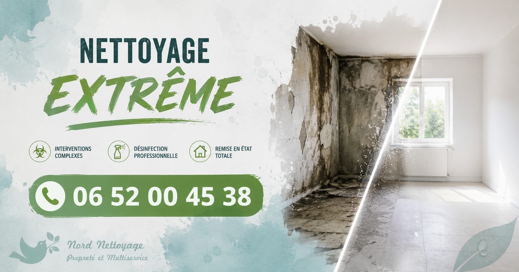 Visuel professionnel de nettoyage extrême à Le Bois-d'Oingt avec numéro de téléphone 06 52 00 45 38 et intervention spécialisée pour logements insalubres.