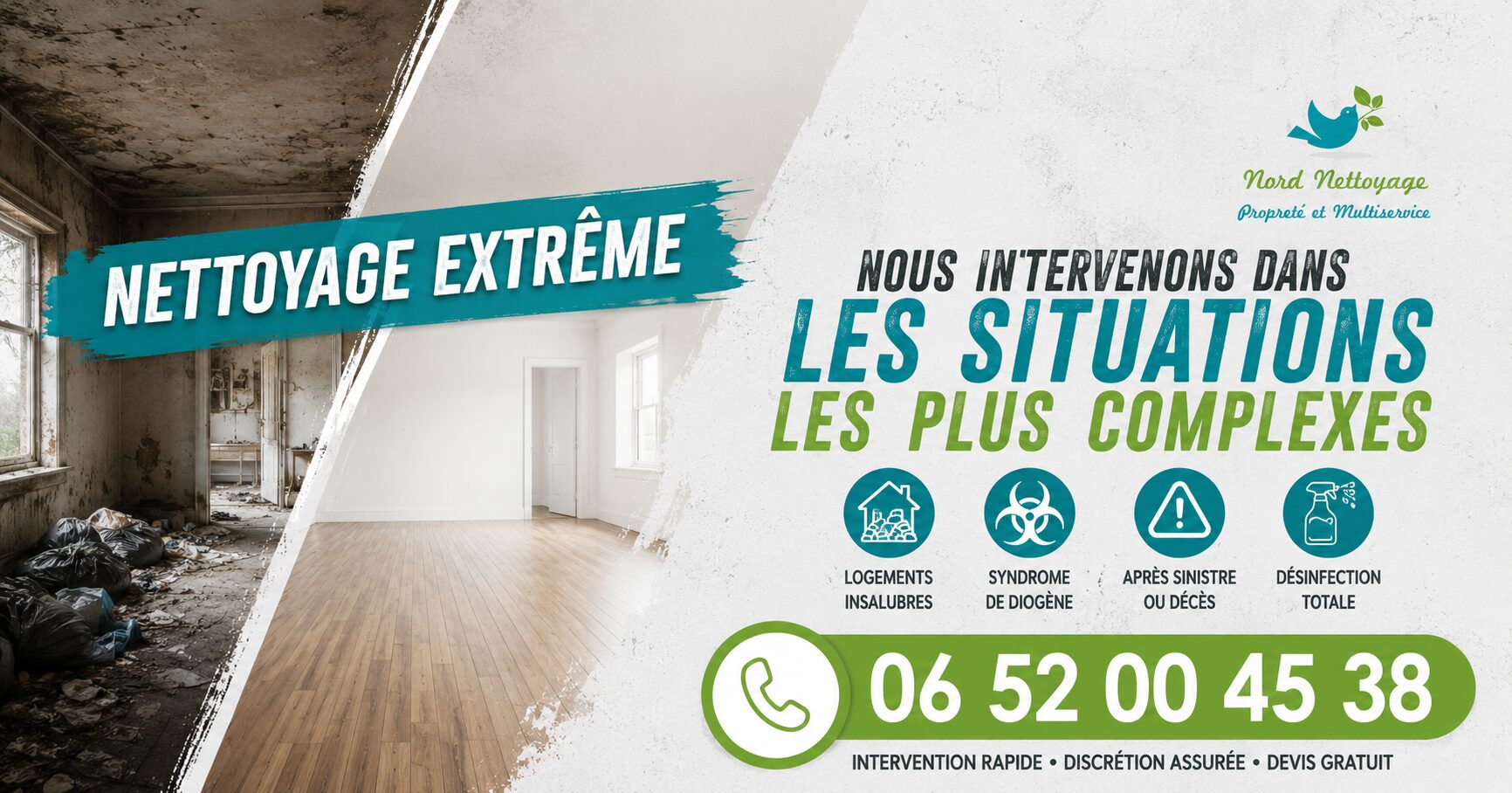 Nettoyage extrême à Ceyzériat avec Nord Nettoyage, spécialiste du nettoyage après sinistre, syndrome de Diogène, décès et logements insalubres.