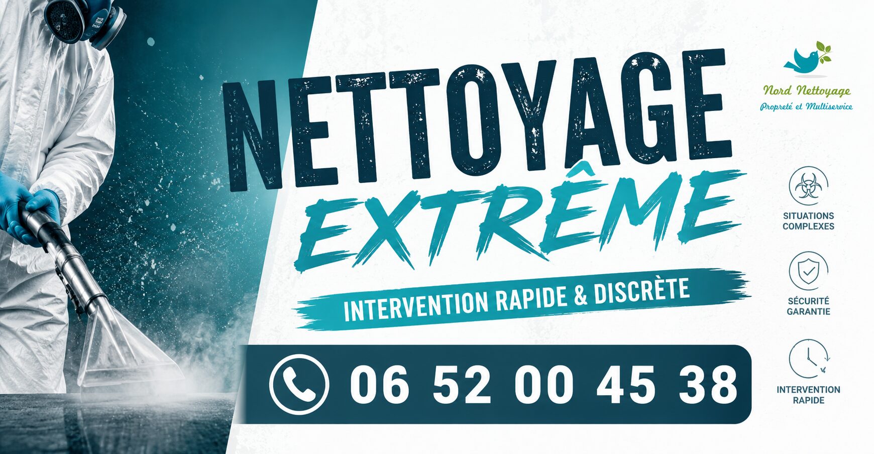 Équipe de nettoyage extrême intervenant dans un logement insalubre à Charly avec un matériel professionnel.