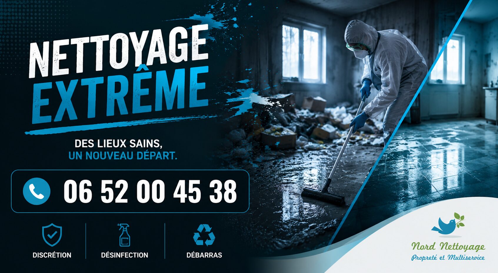 Illustration du nettoyage extrême au Cheylard avec intervention professionnelle, désinfection complète et remise en état de logements insalubres par Nord Nettoyage.