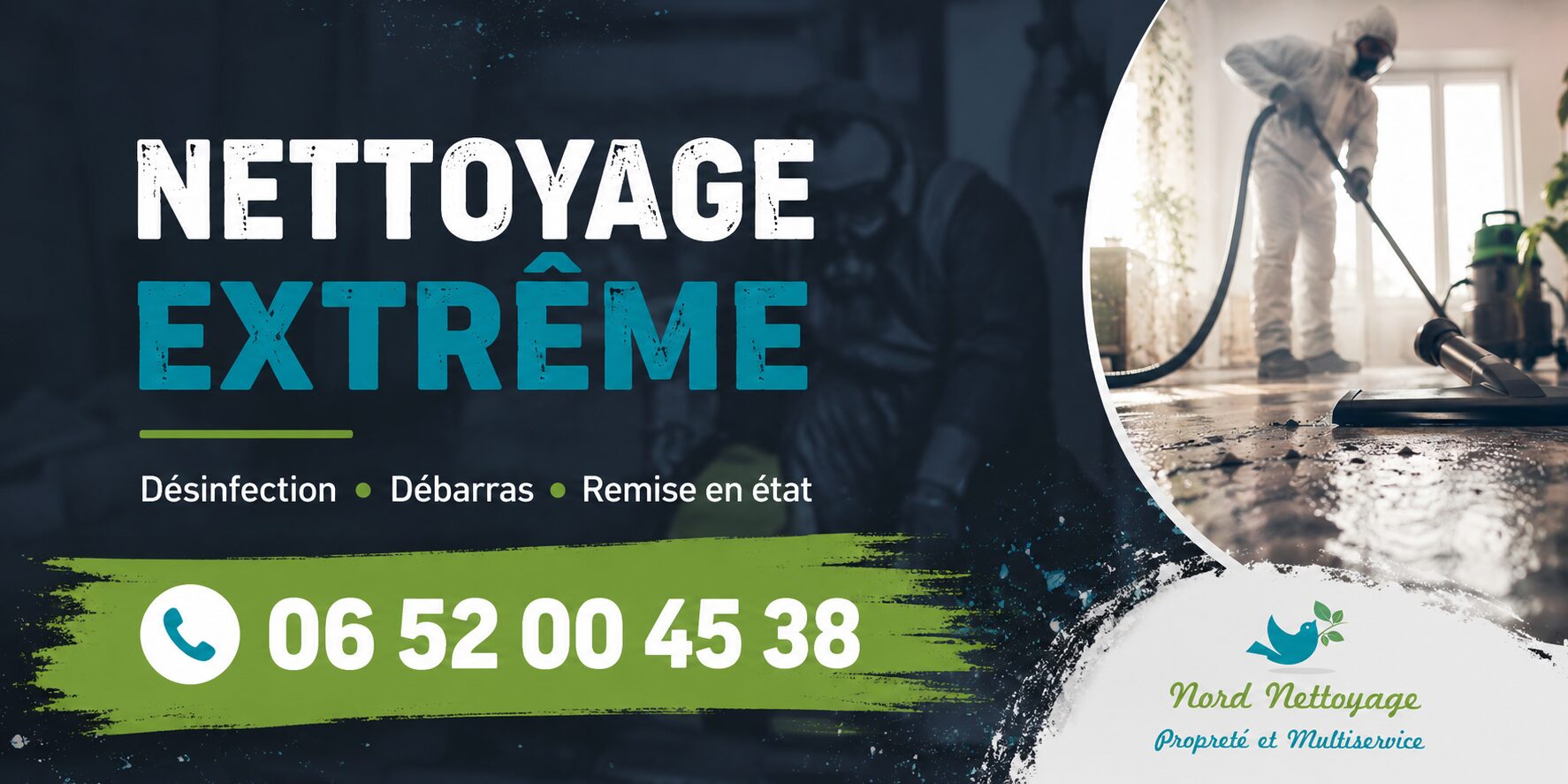 Visuel de nettoyage extrême à Combloux avec transformation avant-après d’un logement insalubre, service de désinfection, débarras et remise en état.