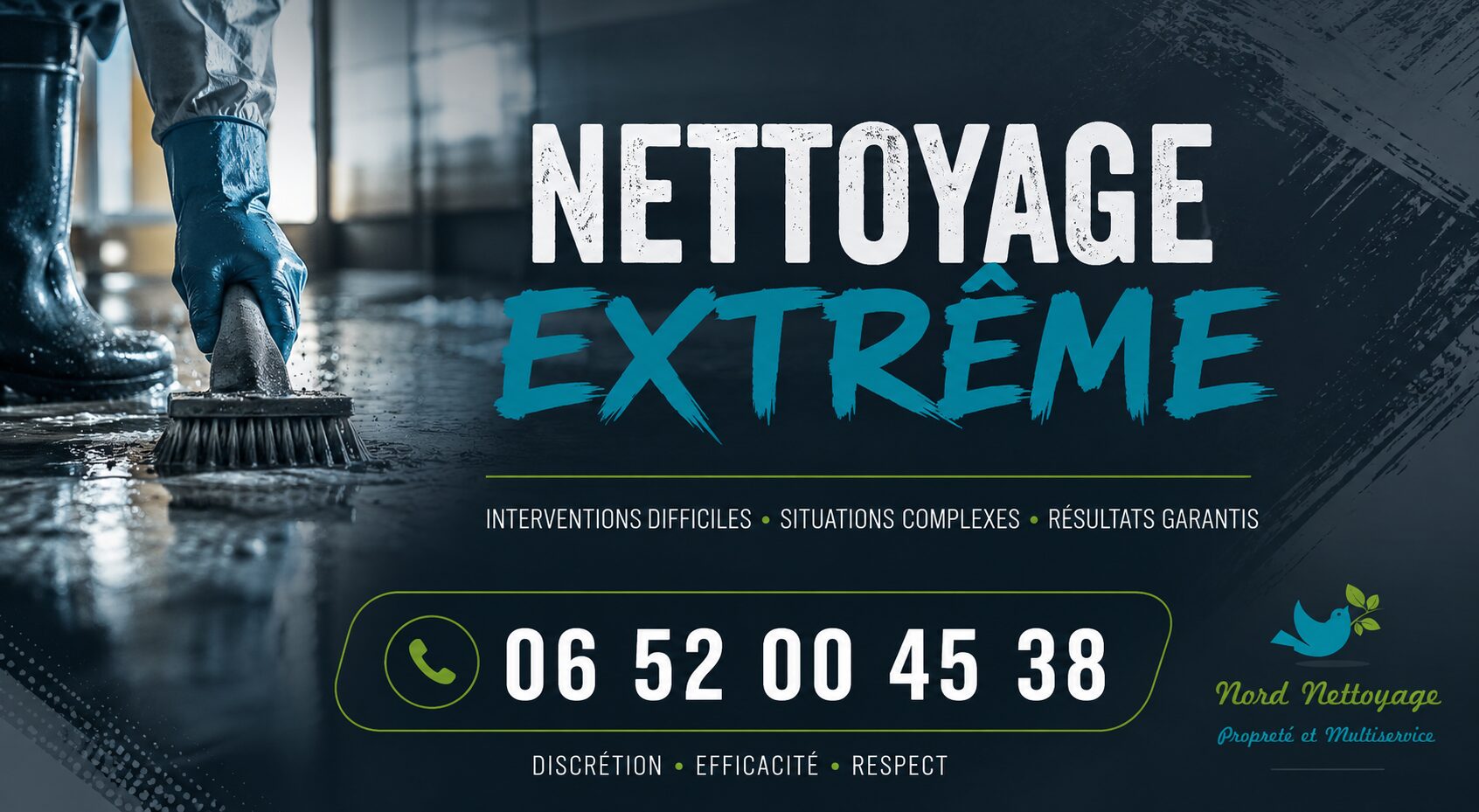 Équipe spécialisée en nettoyage extrême à Combronde intervenant dans un logement insalubre pour une remise en état complète et sécurisée.