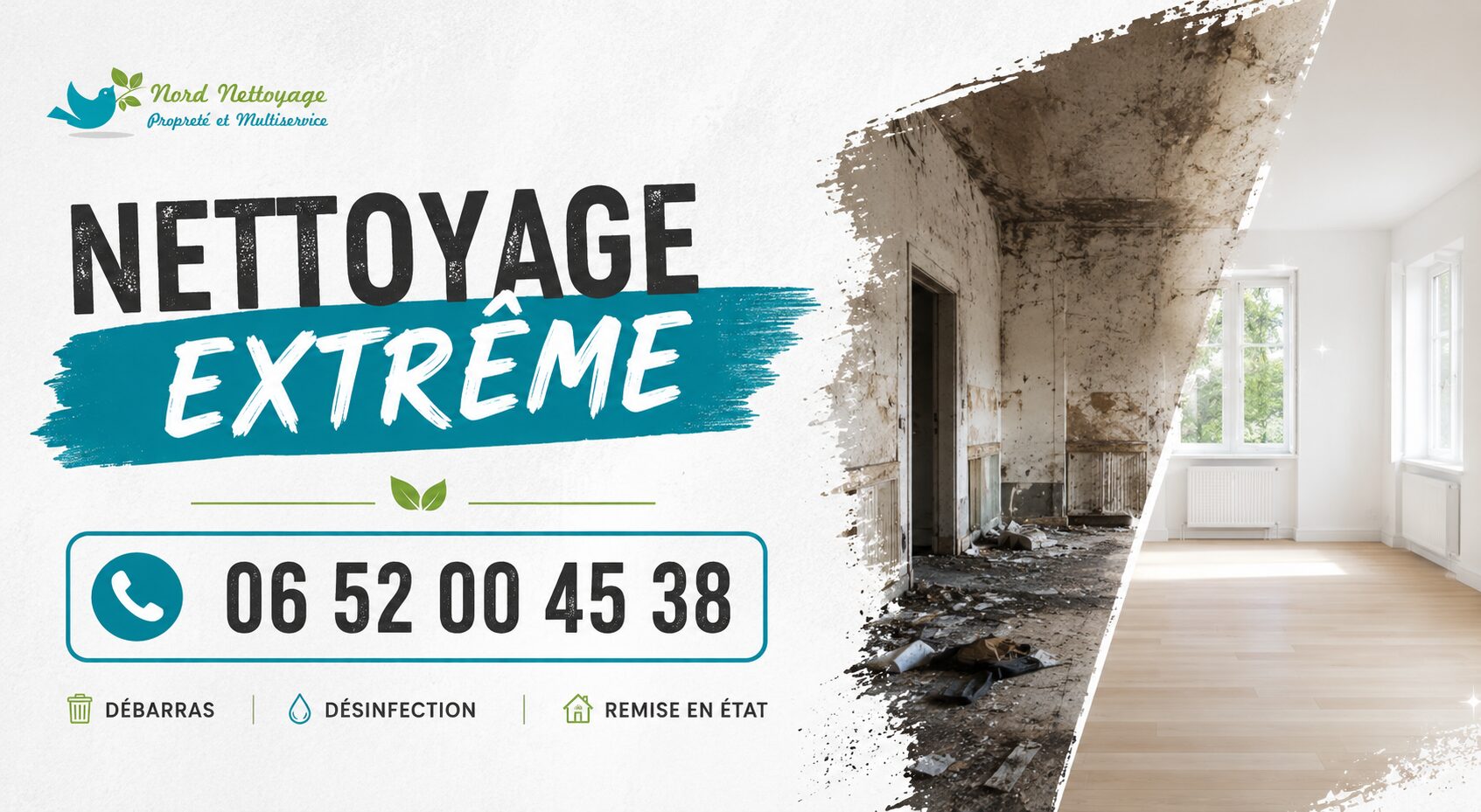 Avant après nettoyage extrême à Jujurieux avec désinfection, débarras et remise en état complète d’un logement insalubre.