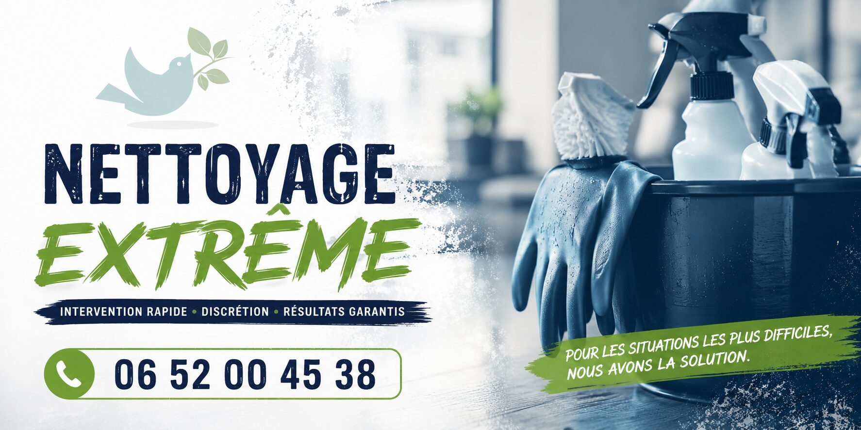 Illustration horizontale du service de nettoyage extrême à Lissieu avec numéro de téléphone, intervention rapide pour logements insalubres, après sinistre et remise en état.