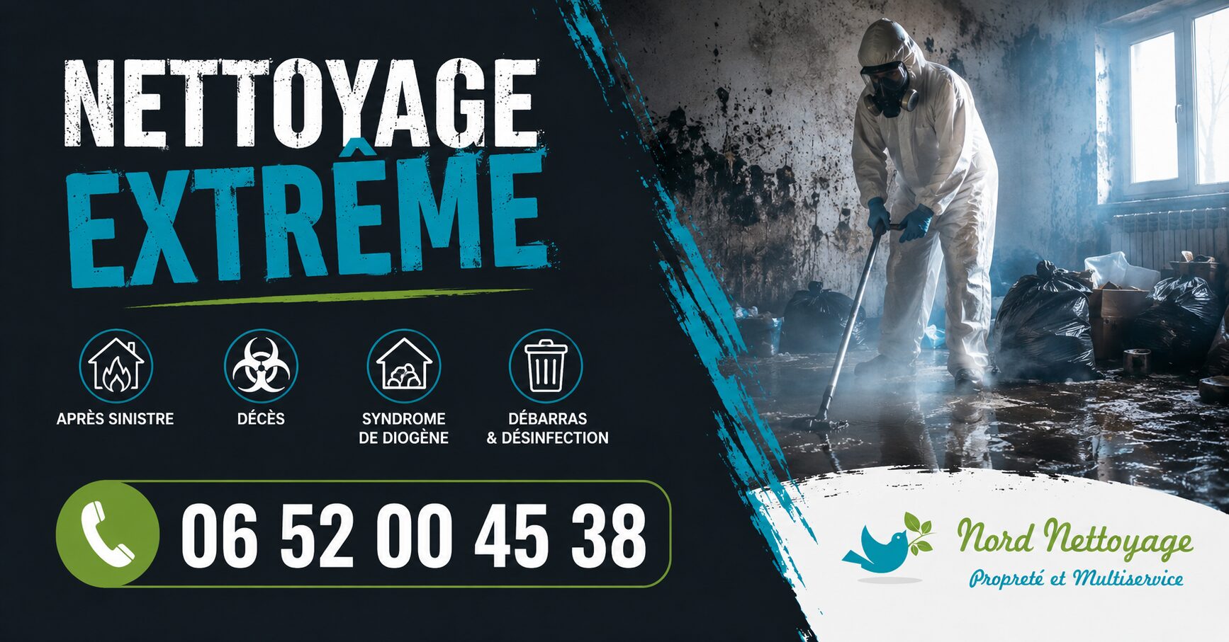 Nettoyage extrême réalisé aux Martres-de-Veyre après sinistre, logement insalubre et syndrome de Diogène par Nord Nettoyage.