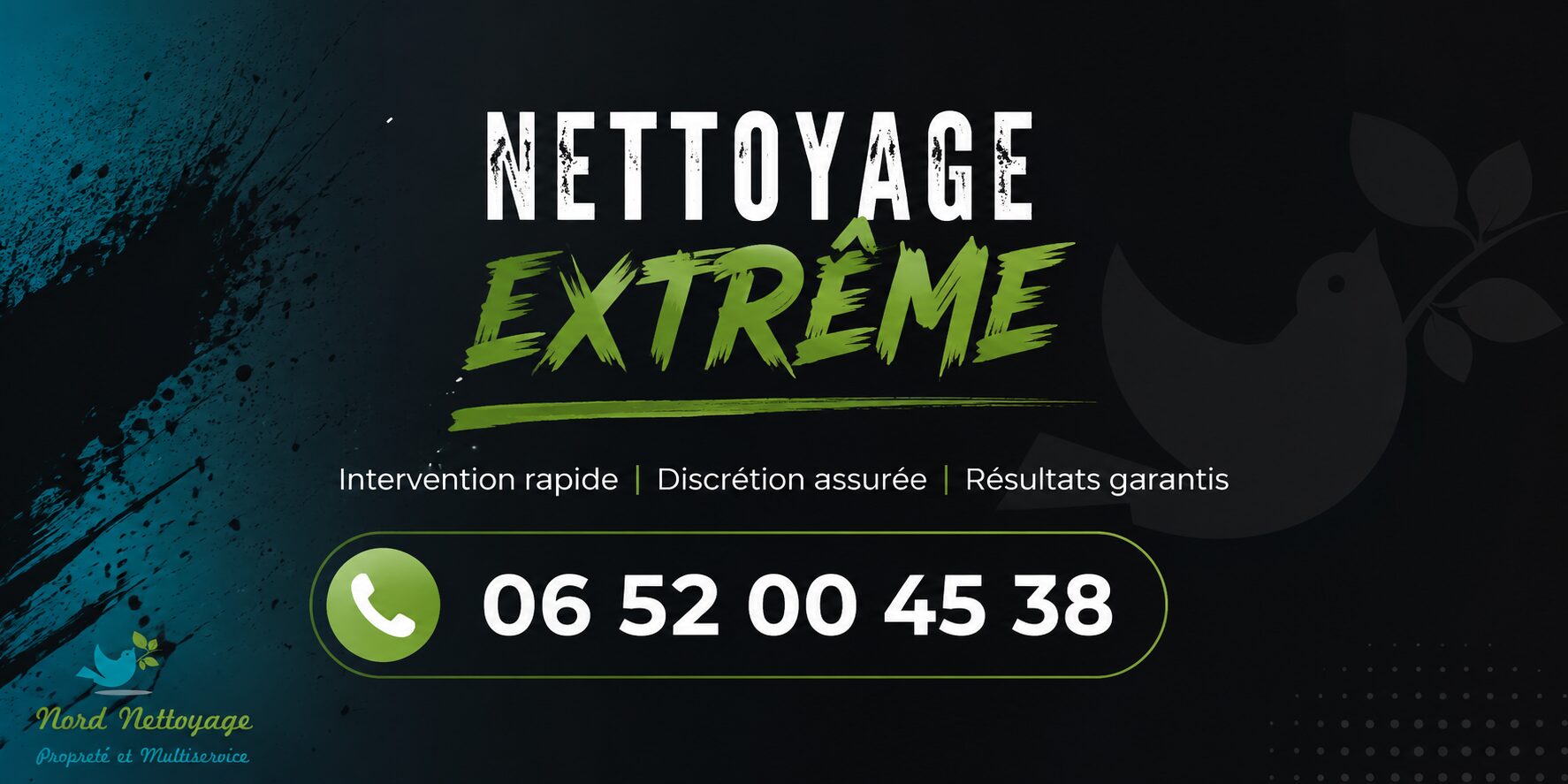 Visuel professionnel de nettoyage extrême à Mercurol avec numéro de téléphone 06 52 00 45 38, intervention après syndrome de Diogène, insalubrité, décès ou sinistre.