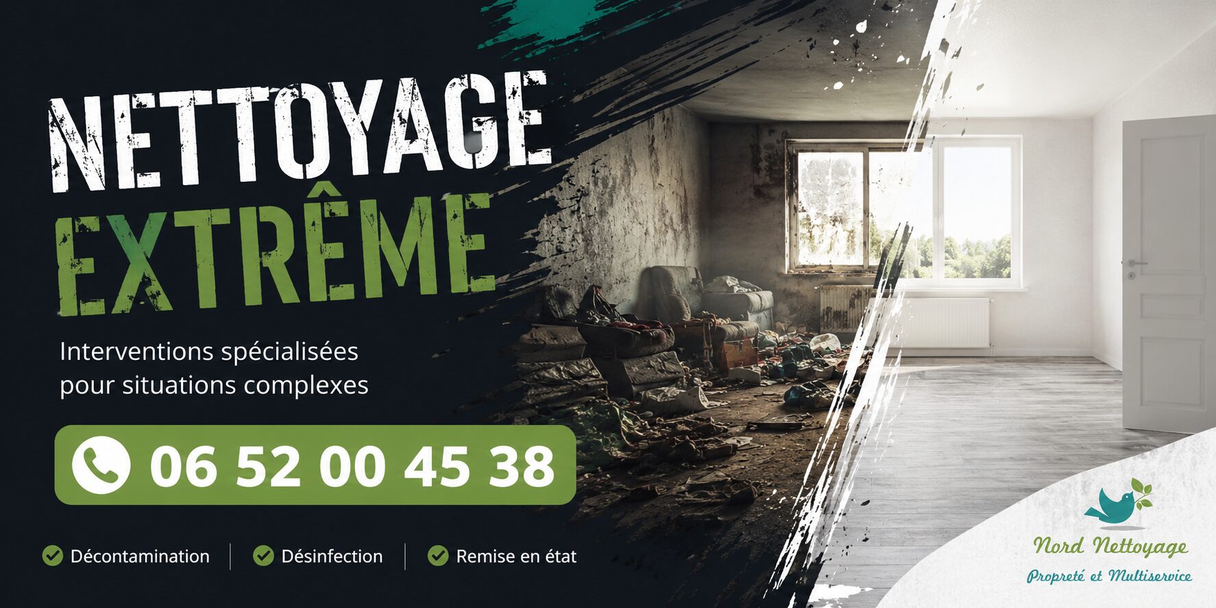 Nettoyage extrême à Montréal-la-Cluse par Nord Nettoyage, intervention rapide pour logements insalubres, syndrome de Diogène, après sinistre et désinfection.