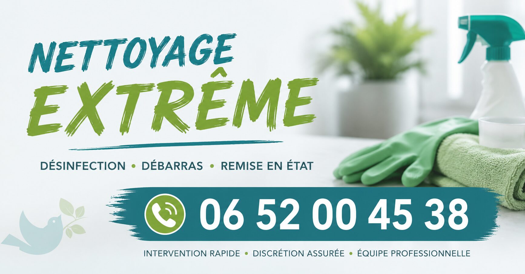 Illustration du service de nettoyage extrême à Morzine avec numéro de téléphone 06 52 00 45 38 et logo Nord Nettoyage en fond discret.