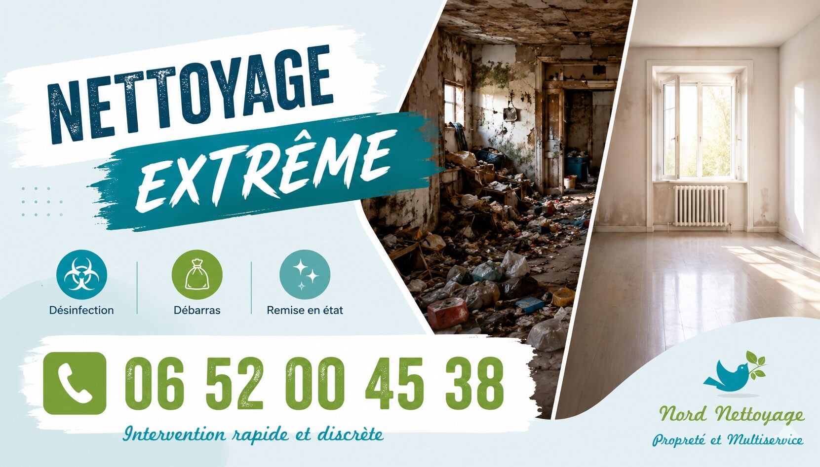 Intervention de nettoyage extrême à Neuvecelle avec désinfection, débarras et remise en état complète d’un logement insalubre.