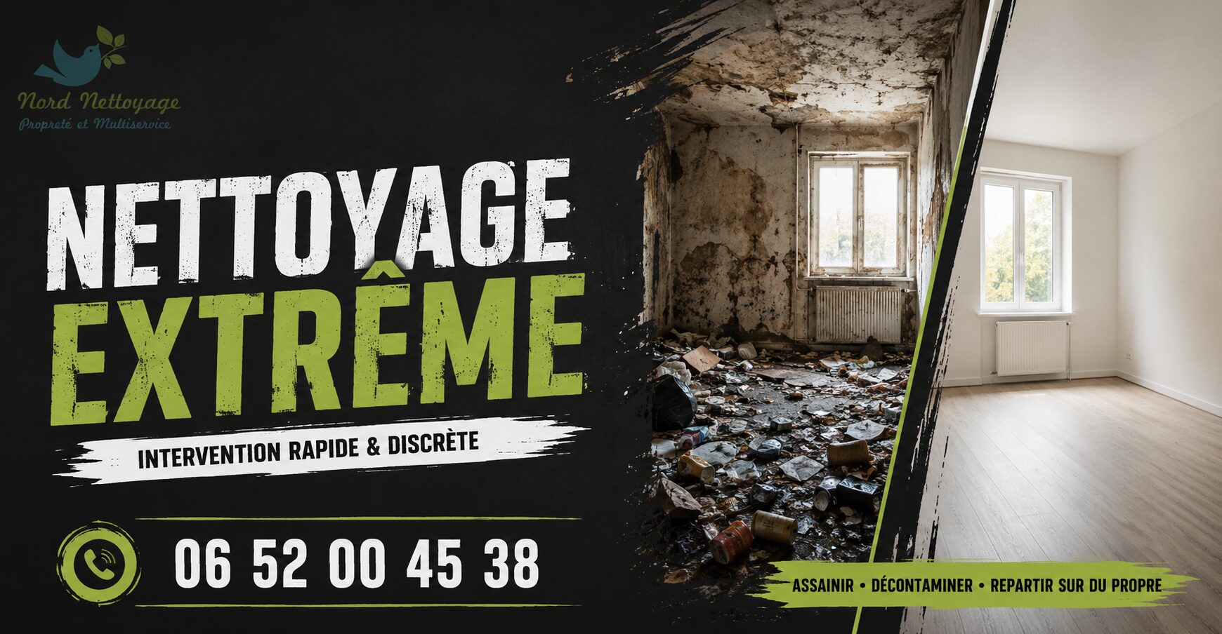 Avant/après d’un nettoyage extrême réalisé à Perreux en Auvergne-Rhône-Alpes avec remise en état complète d’un logement fortement dégradé.