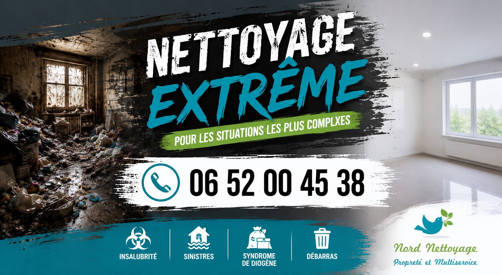 Visuel de nettoyage extrême à Pers-Jussy avec transformation d'un logement insalubre en espace propre et sain.