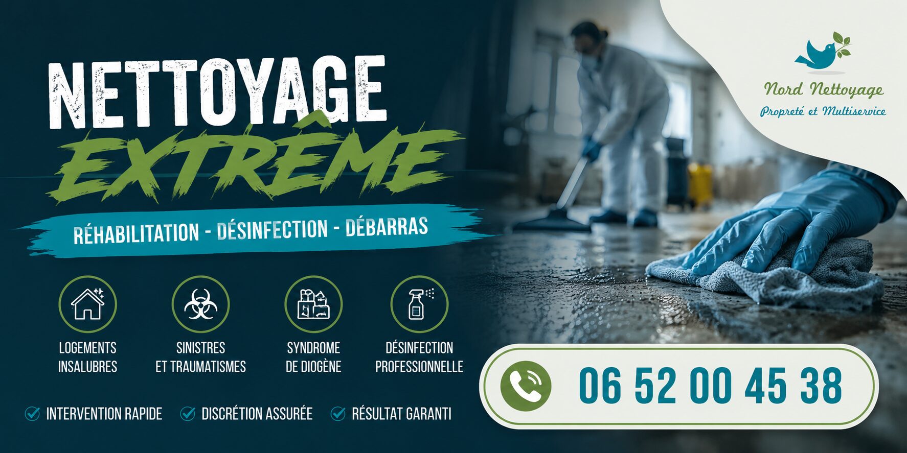 Nettoyage extrême à Peschadoires par Nord Nettoyage, intervention spécialisée pour logements insalubres, syndrome de Diogène, débarras et désinfection.