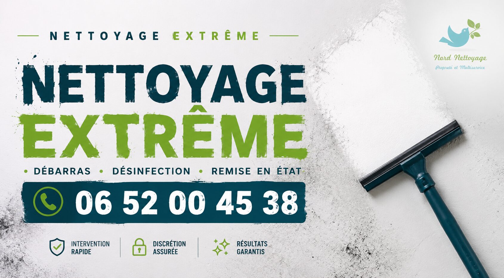 Bannière de nettoyage extrême à Peyrins avec numéro de téléphone 06 52 00 45 38, intervention rapide, désinfection, débarras et remise en état.