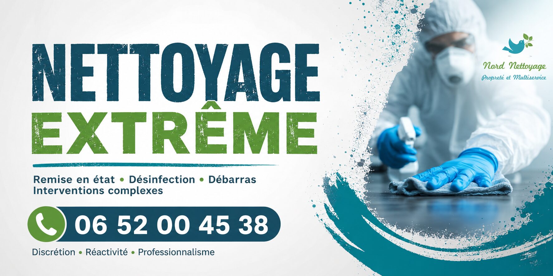 Visuel promotionnel de nettoyage extrême à Prémilhat avec numéro de téléphone 06 52 00 45 38 et logo Nord Nettoyage.
