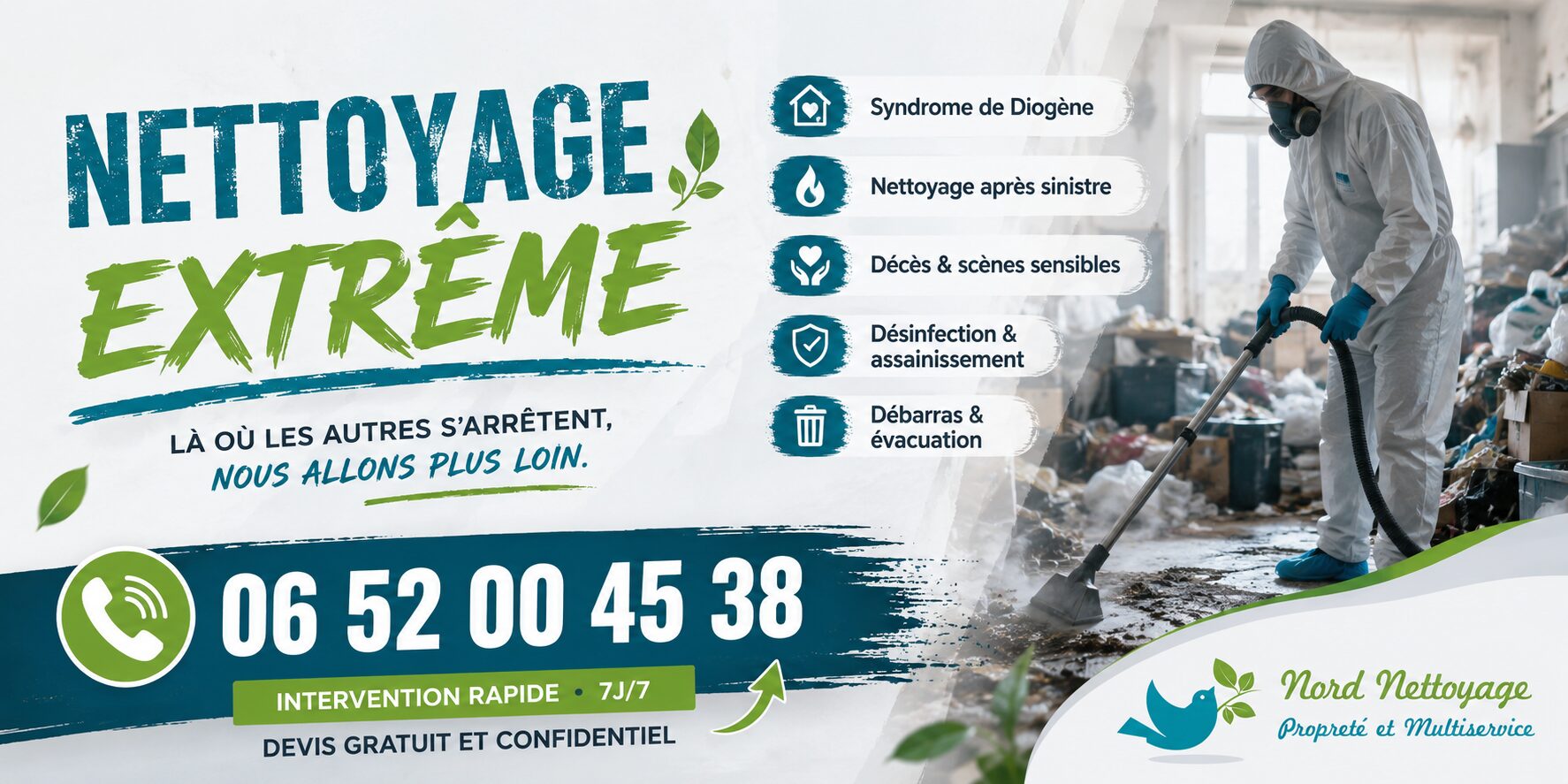 Entreprise de nettoyage extrême à Riom-ès-Montagnes intervenant pour le syndrome de Diogène, les logements insalubres, les décès, les sinistres et la désinfection avec intervention rapide.