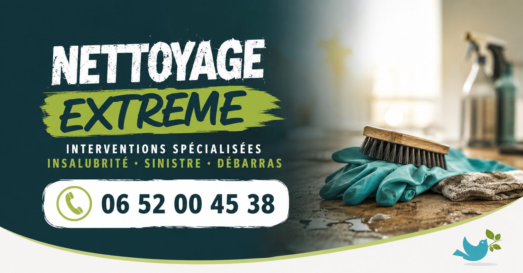 Bannière publicitaire de nettoyage extrême à Saint-Beauzire avec le numéro 06 52 00 45 38, services de débarras, désinfection et remise en état.