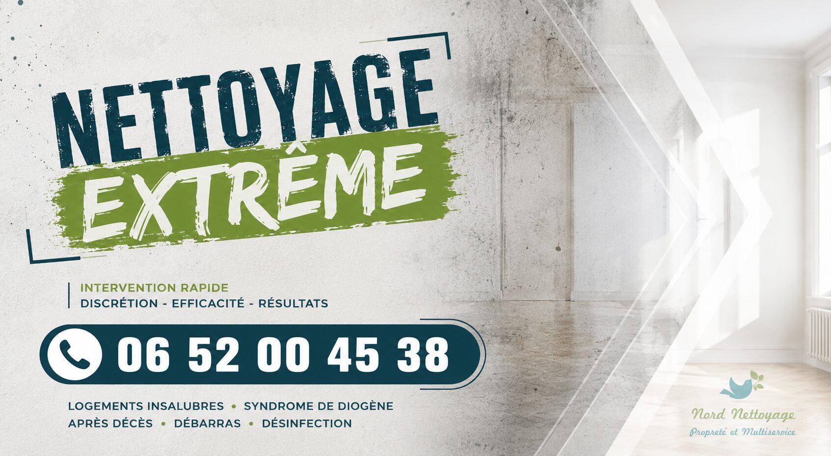 Visuel de nettoyage extrême à Saint-Didier-sur-Chalaronne avec intervention rapide, désinfection, débarras et remise en état par Nord Nettoyage.