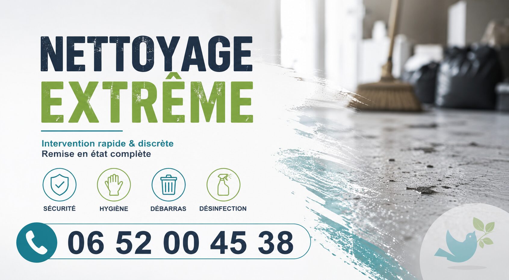 Visuel publicitaire de nettoyage extrême à Saint-Étienne-du-Bois avec numéro de téléphone 06 52 00 45 38 et logo Nord Nettoyage.